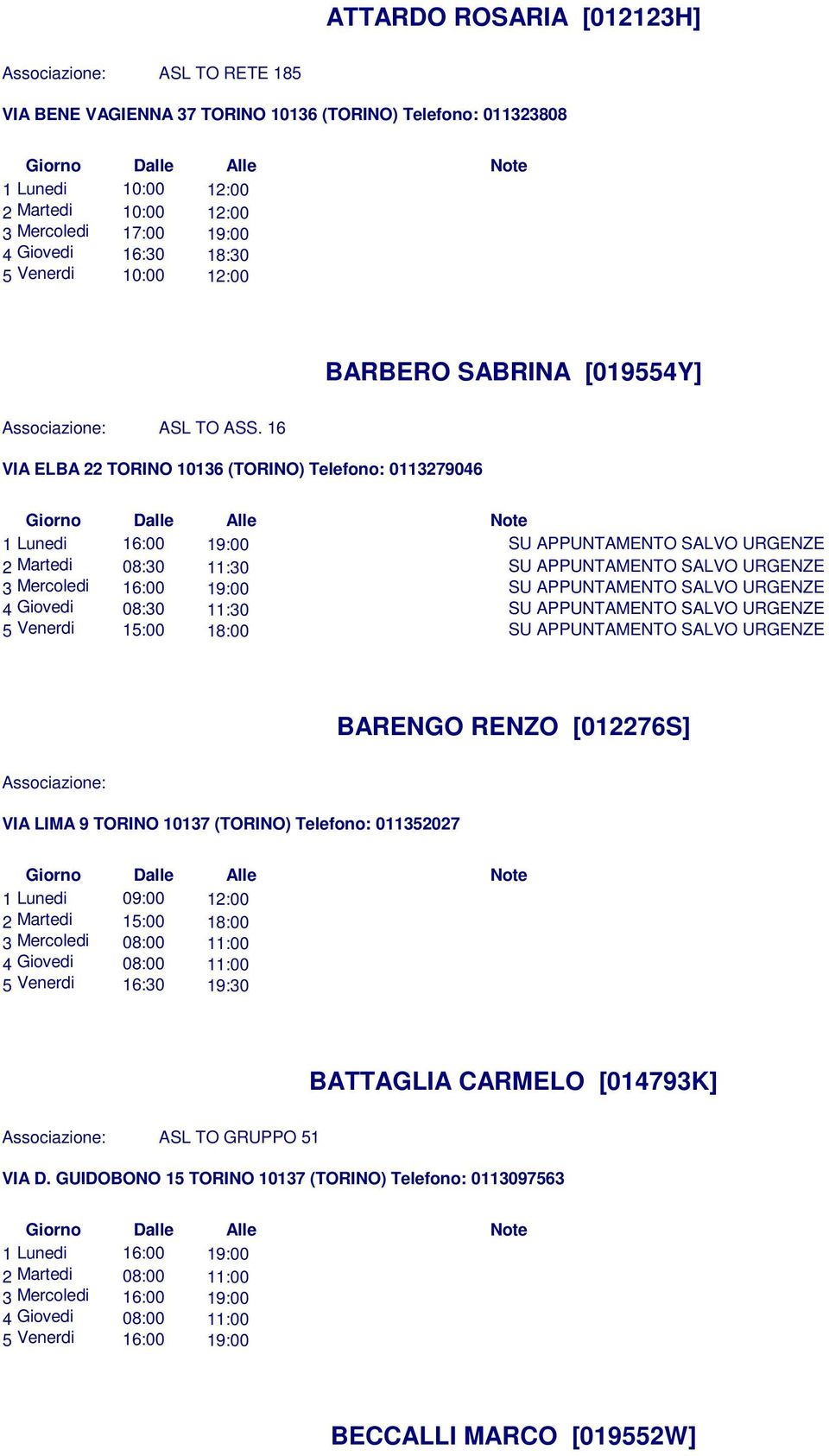 16 VIA ELBA 22 TORINO 10136 (TORINO) Telefono: 0113279046 1 Lunedi 16:00 19:00 2 Martedi 08:30 11:30 4 Giovedi 08:30 11:30 5 Venerdi 15:00 18:00 BARENGO RENZO [012276S] VIA LIMA 9 TORINO 10137