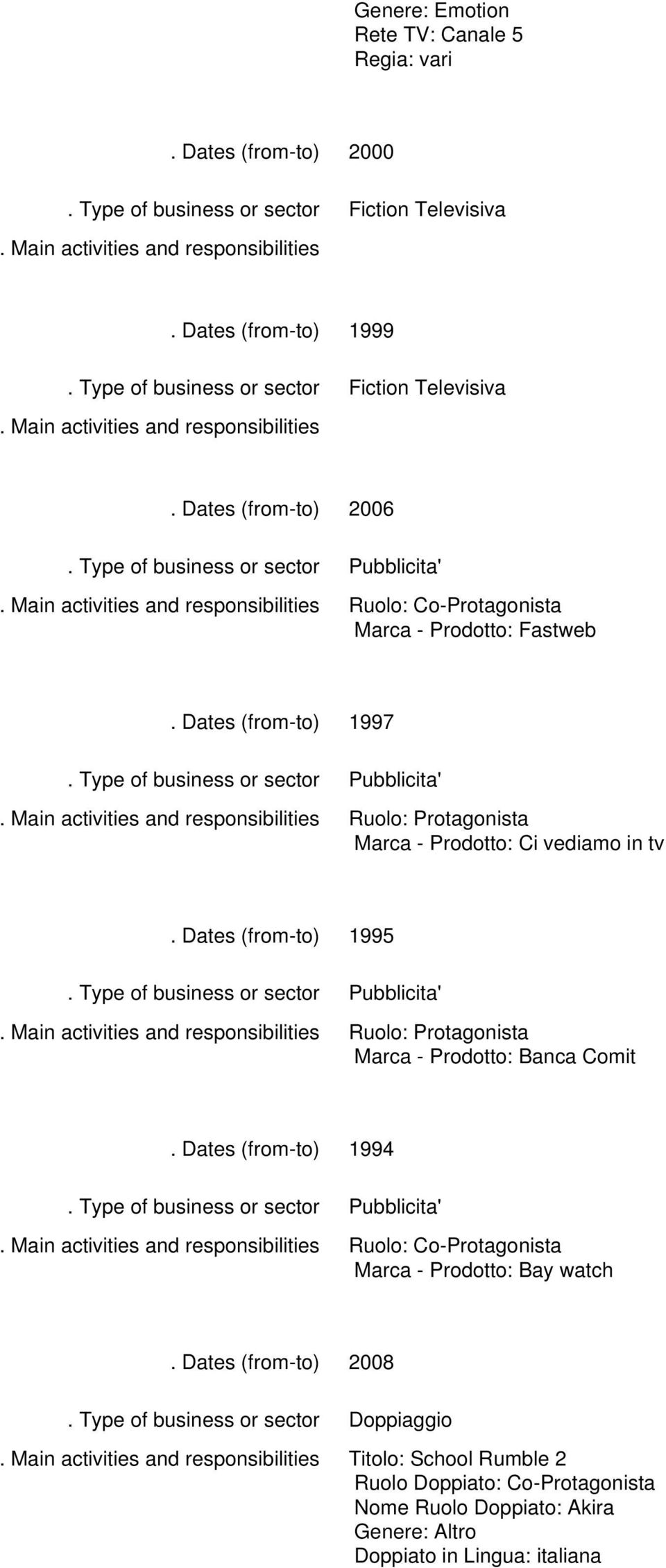 tv 1995 Pubblicita' Ruolo: Protagonista Marca - Prodotto: Banca Comit 1994 Pubblicita' Ruolo: