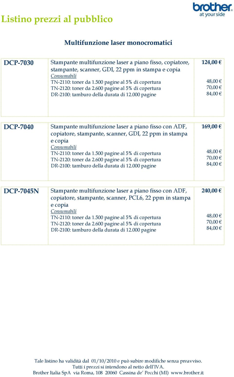 000 pagine 12 48,00 70,00 8 DCP-7040 Stampante multifunzione laser a piano fisso con ADF, copiatore, stampante, scanner, GDI, 22 ppm in stampa e copia TN-2110: toner da 1.