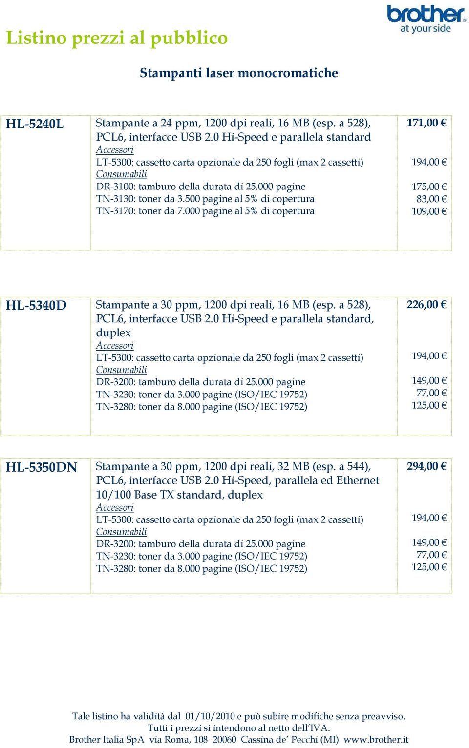 500 pagine TN-3170: toner da 7.000 pagine 171,00 19 175,00 83,00 10 HL-5340D Stampante a 30 ppm, 1200 dpi reali, 16 MB (esp. a 528), PCL6, interfacce USB 2.