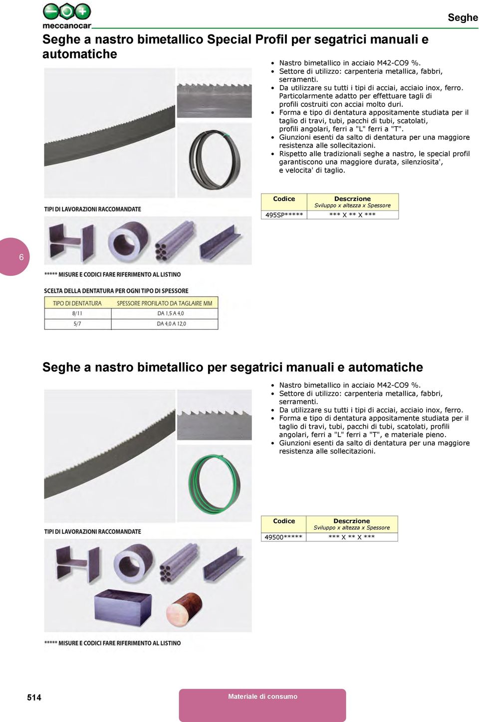 Forma e tipo di dentatura appositamente studiata per il taglio di travi, tubi, pacchi di tubi, scatolati, profili angolari, ferri a "L" ferri a "T".