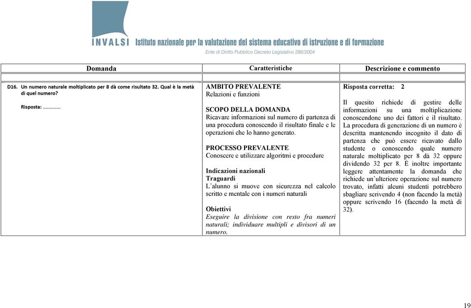 multipli e divisori di un numero. Risposta corretta: 2 Il quesito richiede di gestire delle informazioni su una moltiplicazione conoscendone uno dei fattori e il risultato.