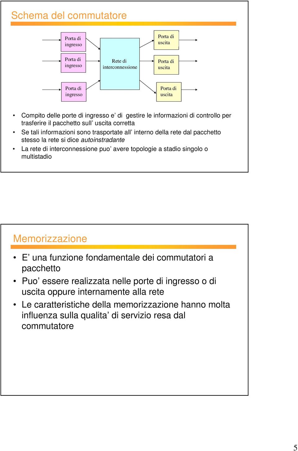 di interconnessione puo avere topologie a stadio singolo o multistadio Memorizzazione E una funzione fondamentale dei commutatori a pacchetto Puo essere realizzata nelle