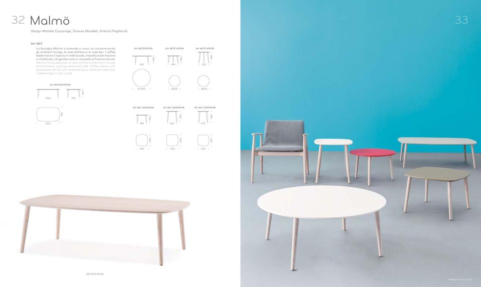 Malmö family expands to new contexts entering in lounge environments, waiting areas and café. Coffee tables with lacquered mdf top, ash veneered top or solid laminate tops.