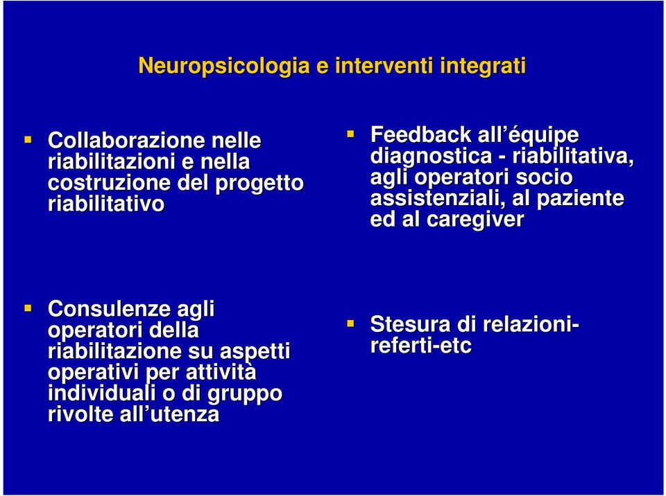 assistenziali, al paziente ed al caregiver Consulenze agli operatori della riabilitazione su