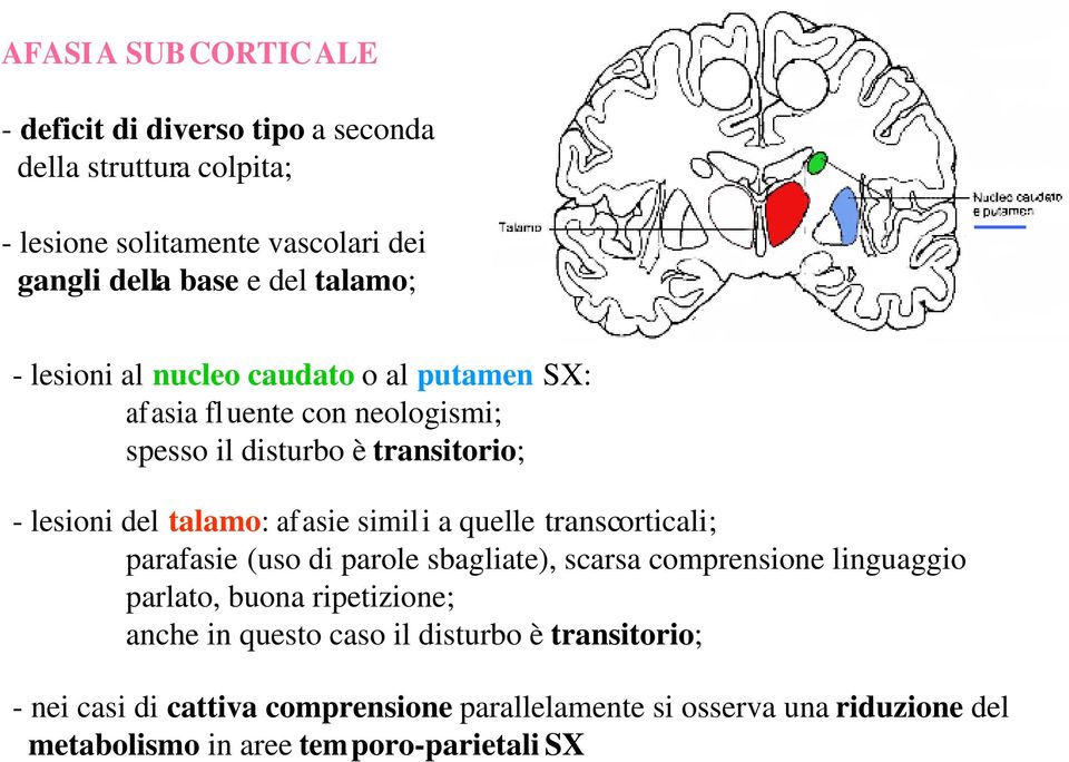 afasie simili a quelle transcorticali; parafasie (uso di parole sbagliate), scarsa comprensione linguaggio parlato, buona ripetizione; anche in