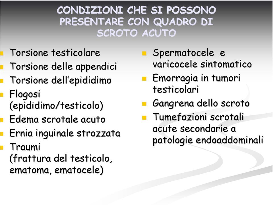 inguinale strozzata Traumi (frattura del testicolo, ematoma, ematocele) Spermatocele e varicocele