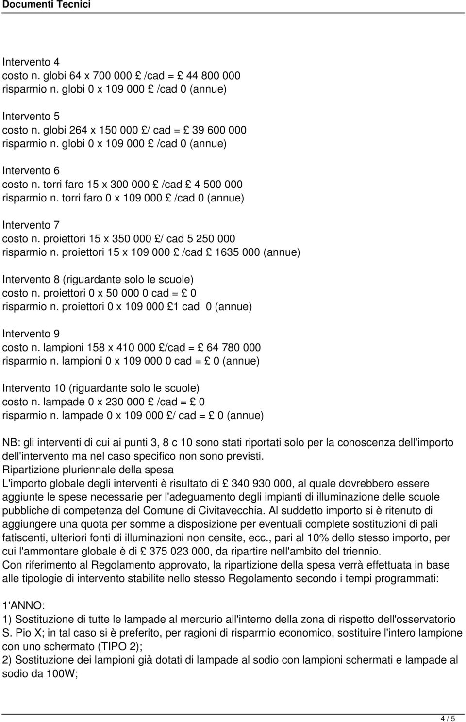 proiettori 15 x 350 000 / cad 5 250 000 risparmio n. proiettori 15 x 109 000 /cad 1635 000 (annue) Intervento 8 (riguardante solo le scuole) costo n. proiettori 0 x 50 000 0 cad = 0 risparmio n.