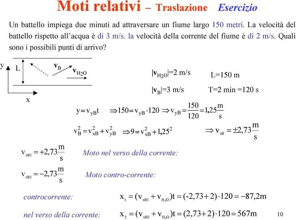 L v B v H 2O v H =2 m/s 2O L=150 m m v B1 = +2,73 s m v B2 = 2,73 s B v B =3 m/s = v 150= vb 120 2 2 2 2 2 B = vb vb 9 = vb + 1, 25 v + Moo nel veso della