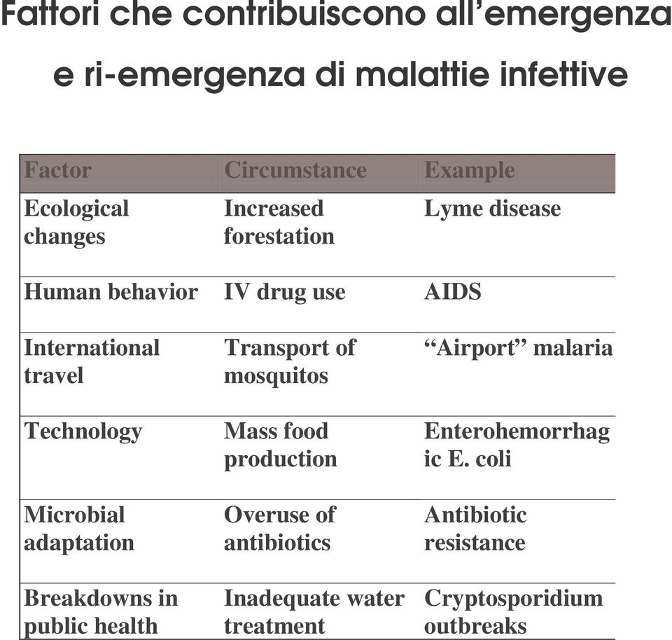 Technology Microbial adaptation Breakdowns in public health Transport of mosquitos Mass food production Overuse of