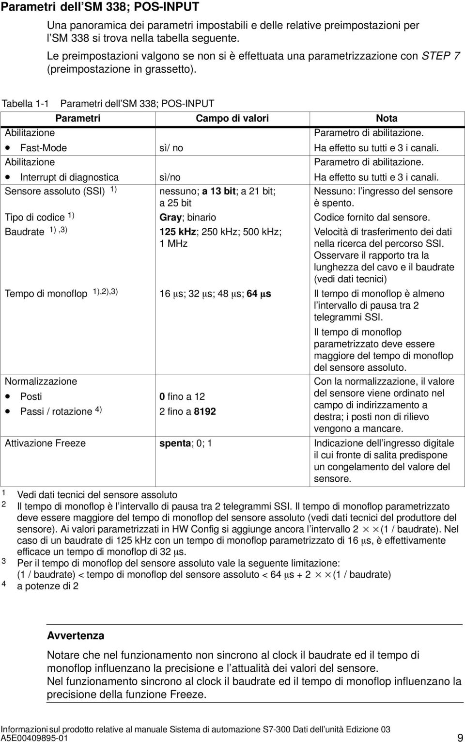 Tabella 1-1 Parametri dell SM 338; POS-INPUT Parametri Campo di valori Nota Abilitazione Parametro di abilitazione. Fast-Mode sì/ no Ha effetto su tutti e 3 i canali.