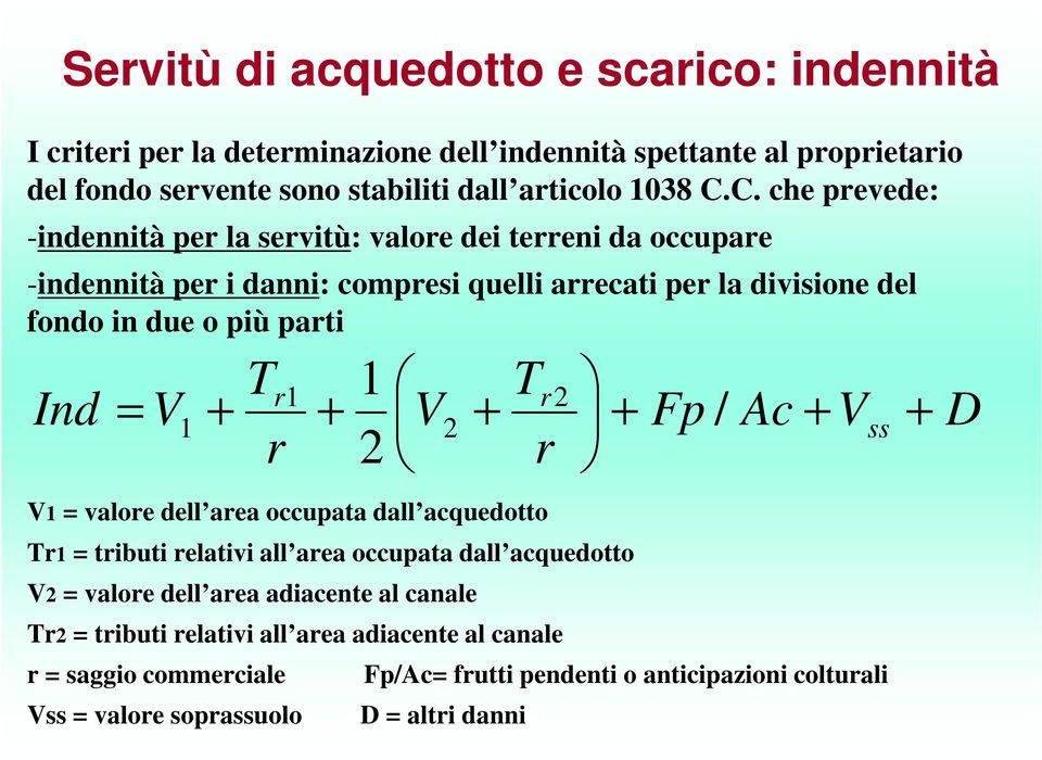 1 + T 1 T r 1 + V + r2 + Fp / Ac + V + 2 ss r 2 r V1 = valore dell area occupata dall acquedotto Tr1 = tributi relativi all area occupata dall acquedotto V2 = valore dell area