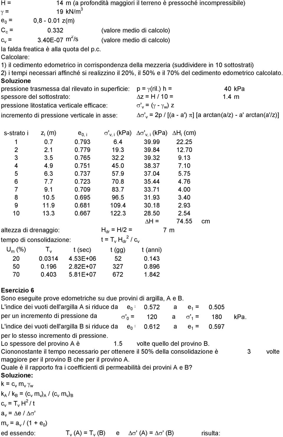 lcolo) la falda freatica è alla quota del p.c. Calcolare: 1) il cedimento edometrico in corrispondenza della mezzeria (suddividere in 10 sottostrati) 2) i tempi necessari affinché si realizzino il
