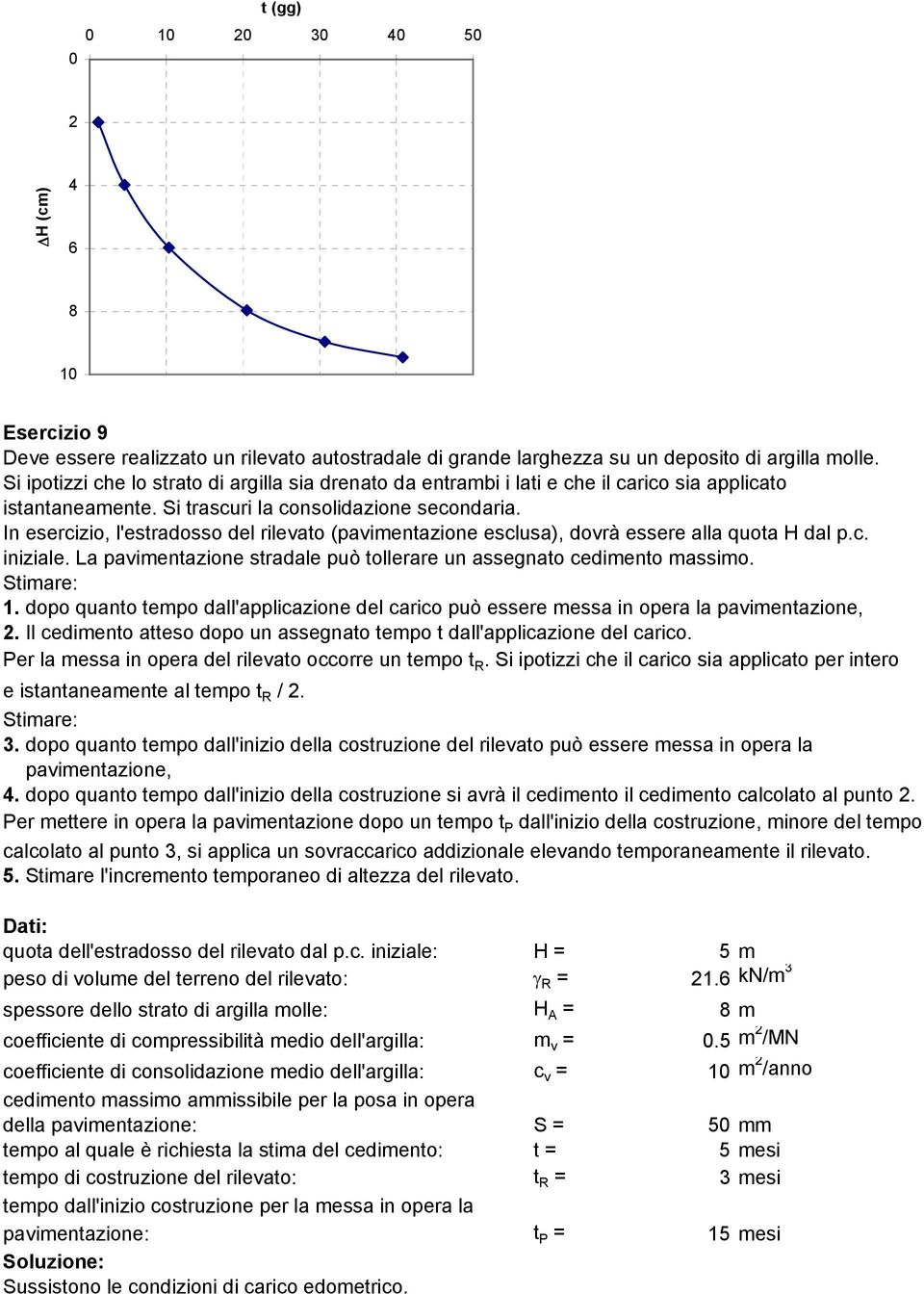 In esercizio, l'estradosso del rilevato (pavimentazione esclusa), dovrà essere alla quota H dal p.c. iniziale. La pavimentazione stradale può tollerare un assegnato cedimento massimo. Stimare: 1.