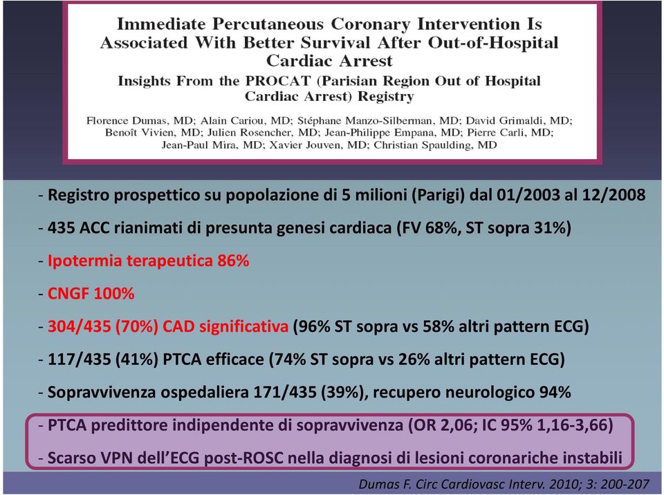 sopra vs 26% altri pattern ECG) - Sopravvivenza ospedaliera 171/435 (39%), recupero neurologico 94% - PTCA predittore indipendente di sopravvivenza (OR