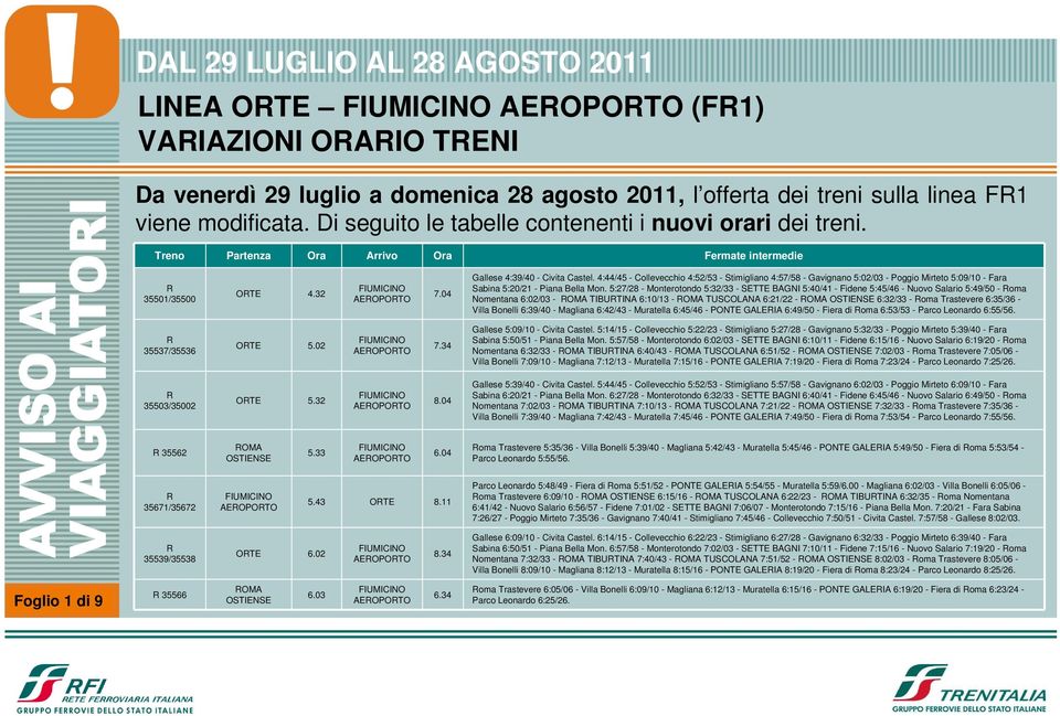 5:27/28 - Monterotondo 5:32/33 - SETTE BAGNI 5:40/41 - Fidene 5:45/46 - Nuovo Salario 5:49/50 - oma Nomentana 6:02/03 - OMA TIBUTINA 6:10/13 - OMA TUSCOLANA 6:21/22 - OMA OSTIENSE 6:32/33 - oma