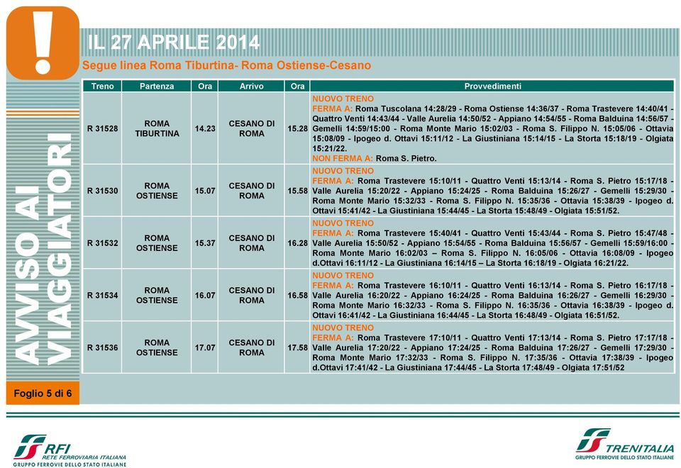 14:59/15:00 - Roma Monte Mario 15:02/03 - Roma S. Filippo N. 15:05/06 - Ottavia 15:08/09 - Ipogeo d. Ottavi 15:11/12 - La Giustiniana 15:14/15 - La Storta 15:18/19 - Olgiata 15:21/22.