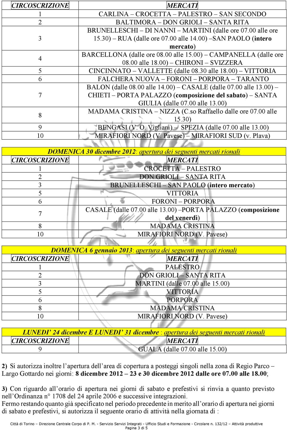 00 alle 14.00) CASALE (dalle 0.00 alle 1.00) CHIETI PORTA PALAZZO (composizione del sabato) SANTA GIULIA (dalle 0.00 alle 1.00) MADAMA CRISTINA NIZZA (C.so Raffaello dalle ore 0.00 alle 8 15.