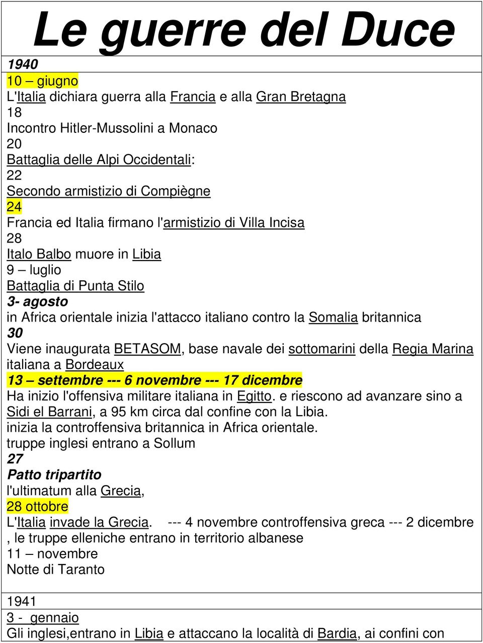 Somalia britannica 30 Viene inaugurata BETASOM, base navale dei sottomarini della Regia Marina italiana a Bordeaux 13 settembre --- 6 novembre --- 17 dicembre Ha inizio l'offensiva militare italiana