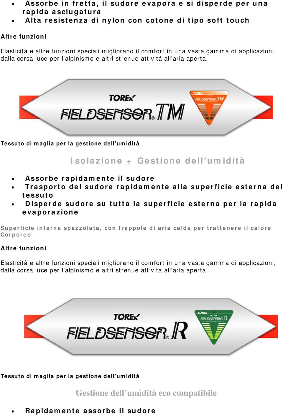 Tessuto di maglia per la gestione dell umidità Isolazione + Gestione dell umidità Assorbe rapidamente il sudore Trasporto del sudore rapidamente alla superficie esterna del tessuto Disperde sudore su