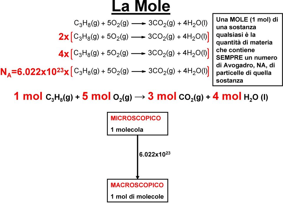 022x10 23 x C 3 H 8 (g) + 5O 2 (g) 3CO 2 (g) + 4H 2 O(l) Una MOLE (1 mol) di una sostanza qualsiasi è la quantità di
