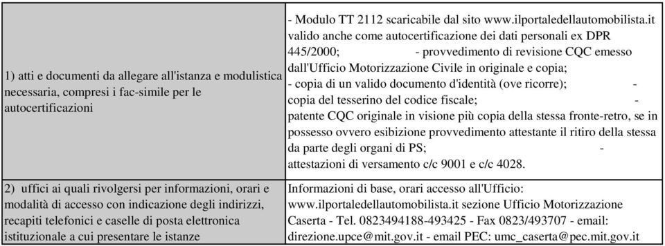 allegare all'istanza e modulistica - copia di un valido documento d'identità (ove ricorre); - copia del tesserino del codice fiscale; - patente CQC originale in visione più copia della stessa