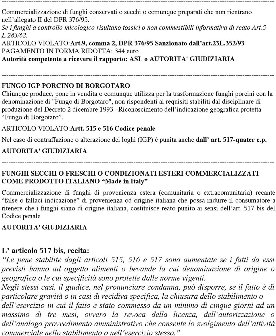 352/93 o AUTORITA' GIUDIZIARIA FUNGO IGP PORCINO DI BORGOTARO Chiunque produce, pone in vendita o comunque utilizza per la trasformazione funghi porcini con la denominazione di "Fungo di Borgotaro",