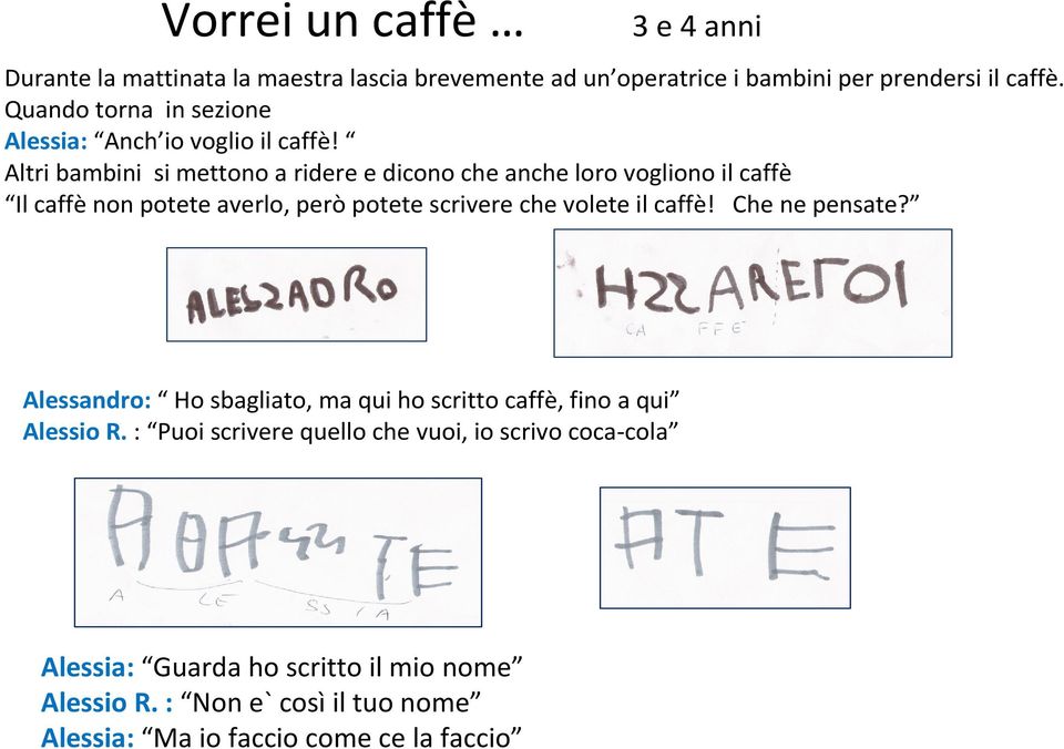 Altri bambini si mettono a ridere e dicono che anche loro vogliono il caffè Il caffè non potete averlo, però potete scrivere che volete il caffè!