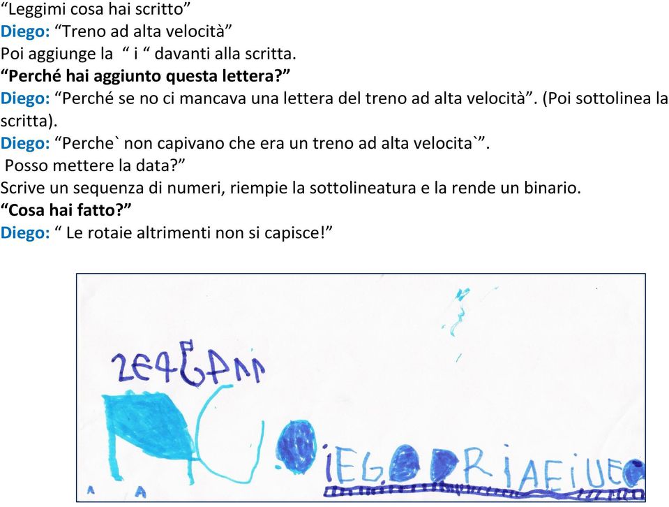 (Poi sottolinea la scritta). Diego: Perche` non capivano che era un treno ad alta velocita`.