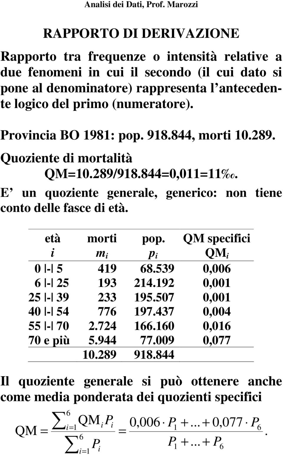 E un quoziente generale, generico: non tiene conto delle fasce di età. età i morti m i pop. p i QM specifici QM i 0-5 419 68.539 0,006 6-25 193 214.192 0,001 25-39 233 195.