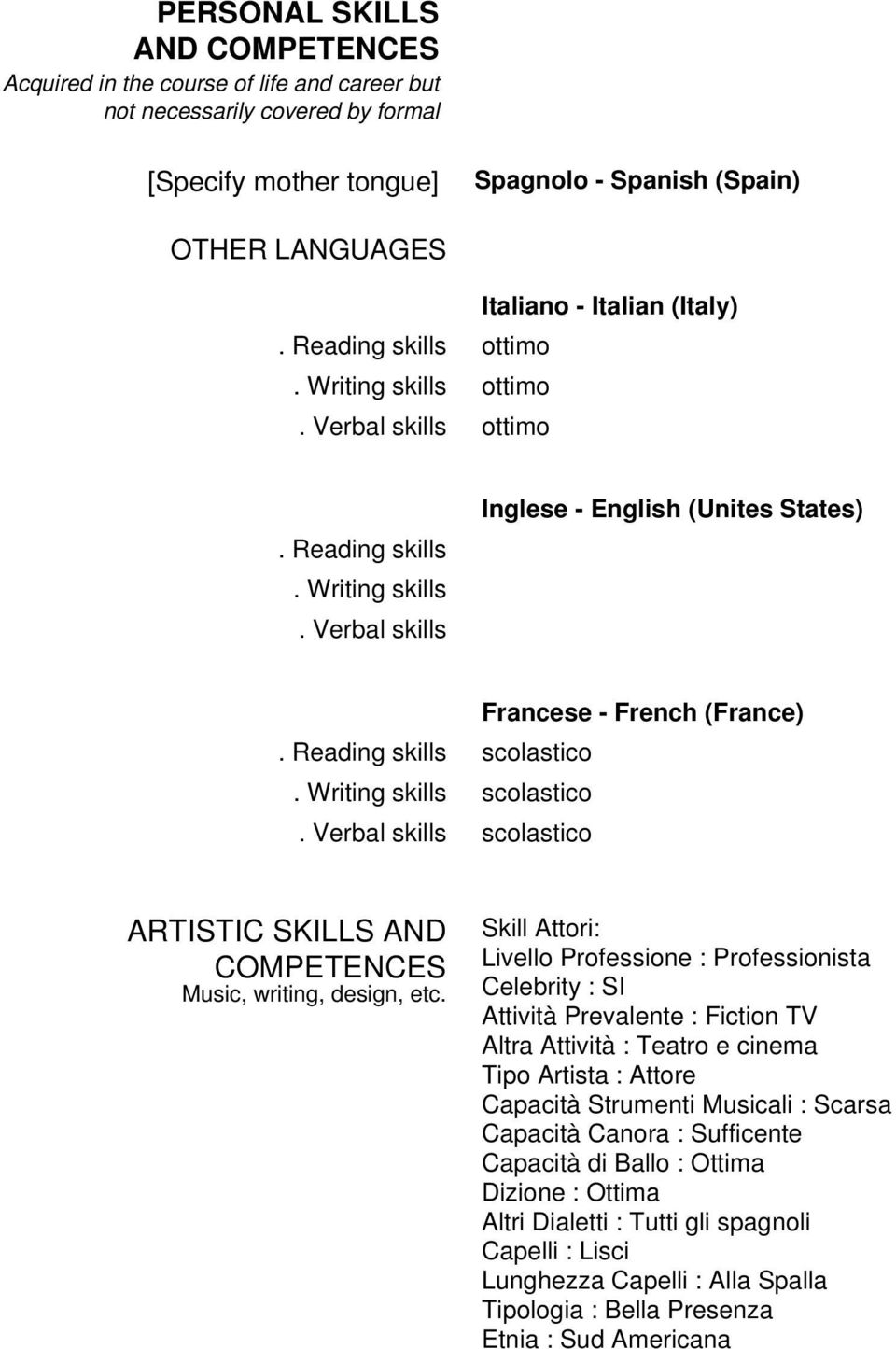 Verbal skills Inglese - English (Unites States). Reading skills. Writing skills.