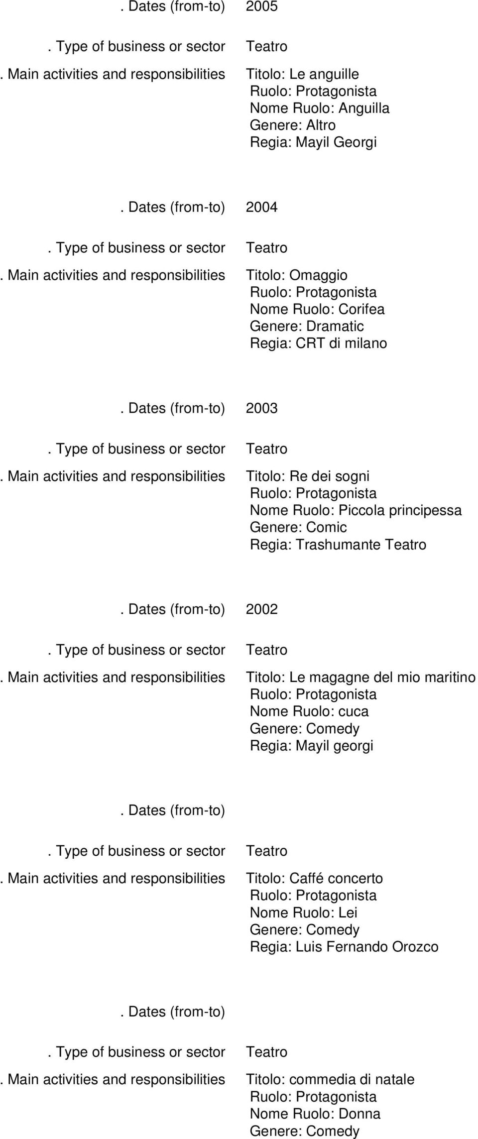 Trashumante 2002 Titolo: Le magagne del mio maritino Nome Ruolo: cuca Genere: Comedy Regia: Mayil georgi Titolo: