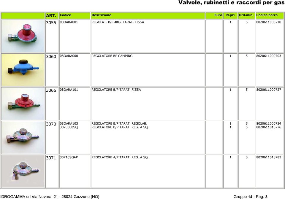 TARAT. FISSA 5 8020000727 3070 08OARA03 3070000SQ REGOLATORE B/P TARAT. REGOLAB.