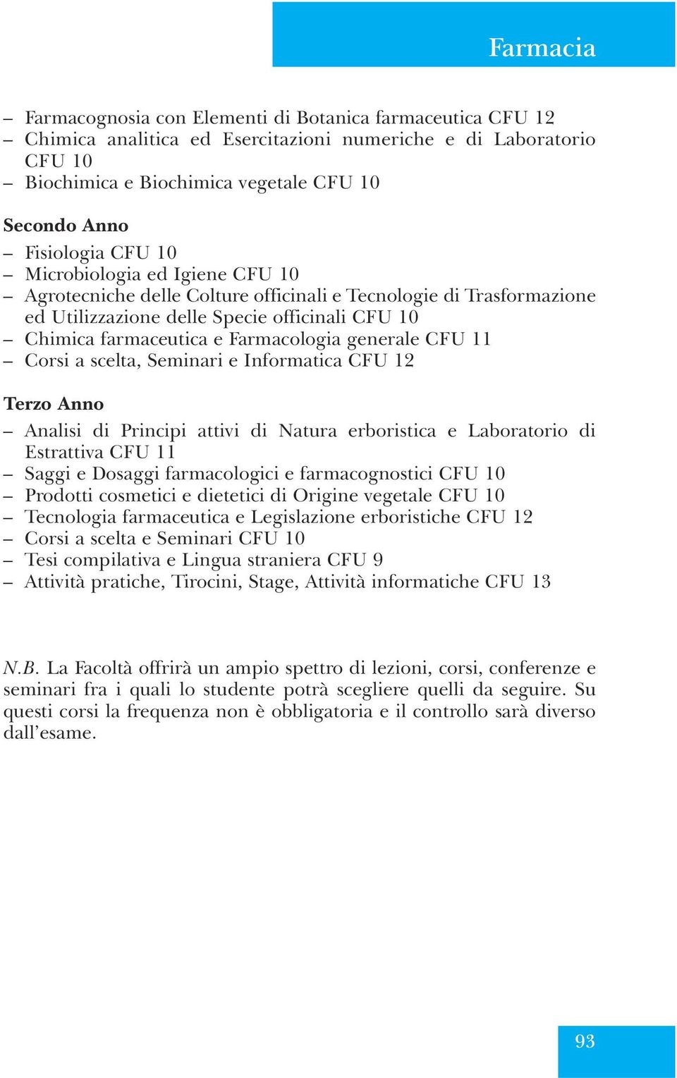 Farmacologia generale CFU 11 Corsi a scelta, Seminari e Informatica CFU 12 Terzo Anno Analisi di Principi attivi di Natura erboristica e Laboratorio di Estrattiva CFU 11 Saggi e Dosaggi farmacologici