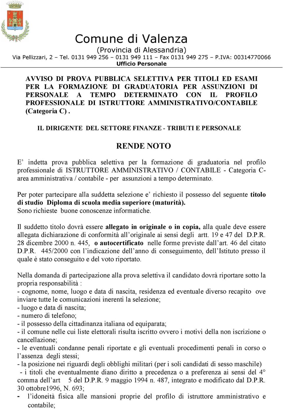 DI ISTRUTTORE AMMINISTRATIVO/CONTABILE (Categoria C).