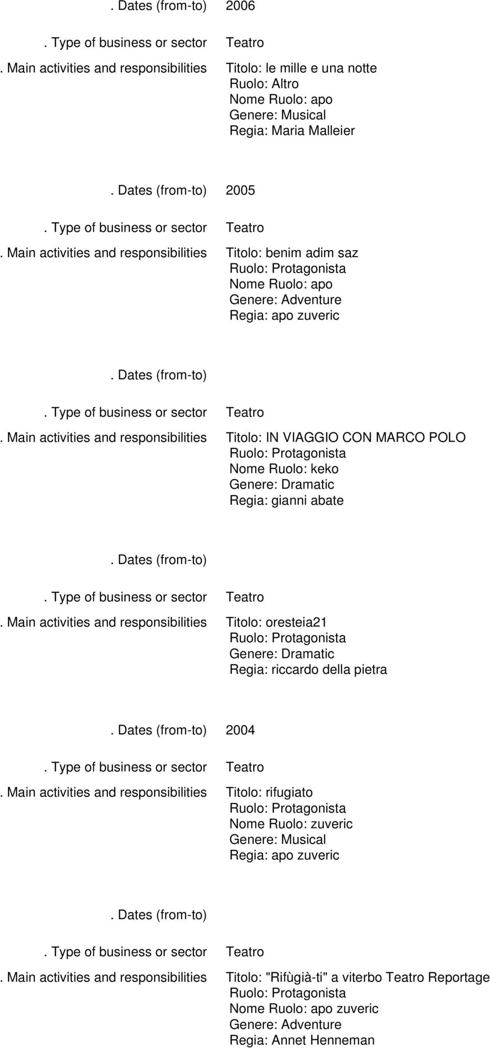 gianni abate Titolo: oresteia21 Regia: riccardo della pietra 2004 Titolo: rifugiato Nome Ruolo: zuveric