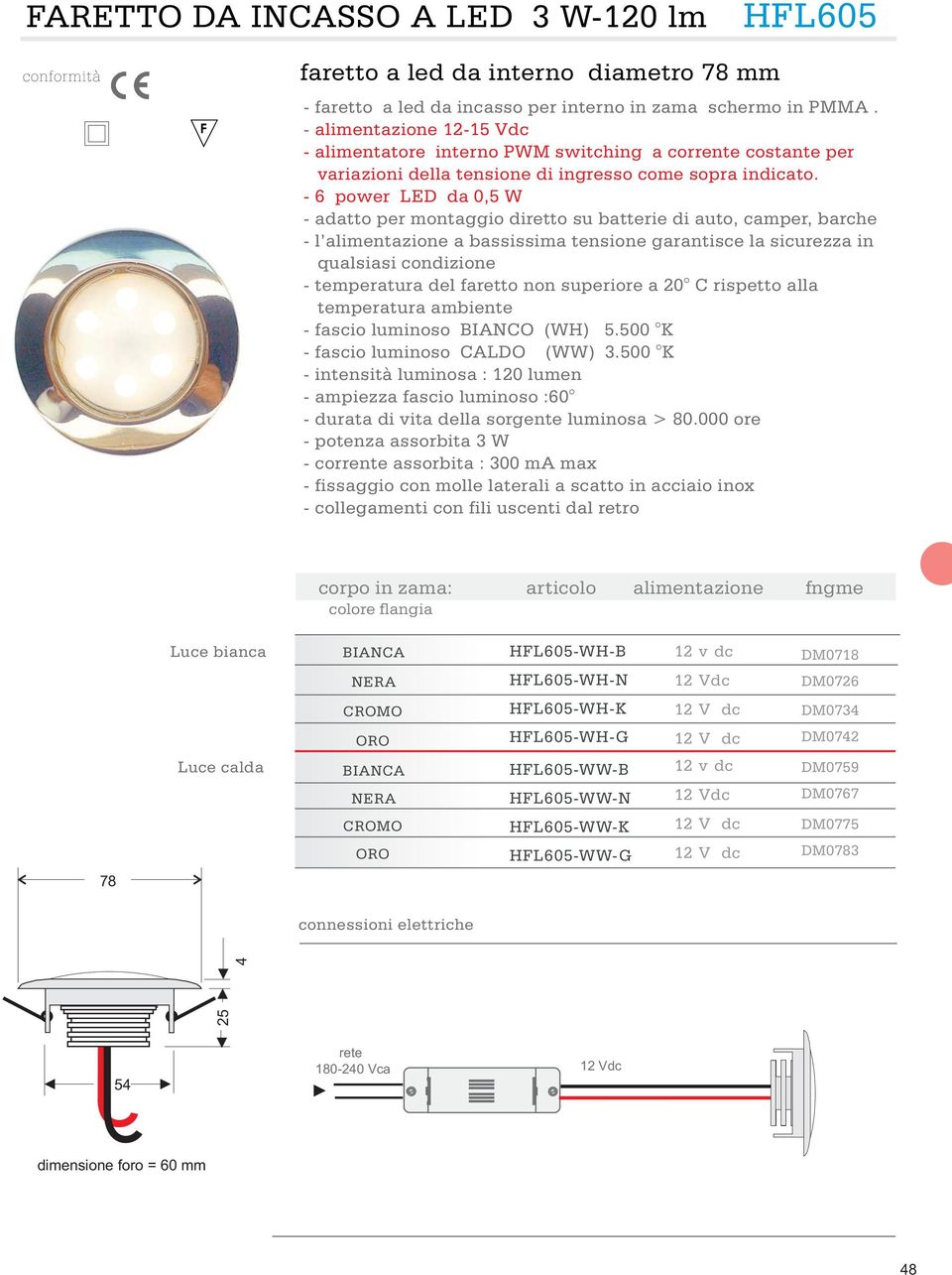 - 6 power LED da 0,5 W - temperatura del faretto non superiore a 20 C rispetto alla - fascio luminoso BIANCO (WH) 5.500 K - fascio luminoso CALDO (WW) 3.