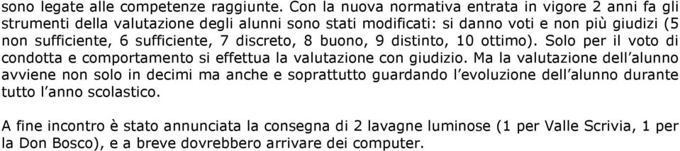 sufficiente, 6 sufficiente, 7 discreto, 8 buono, 9 distinto, 10 ottimo). Solo per il voto di condotta e comportamento si effettua la valutazione con giudizio.