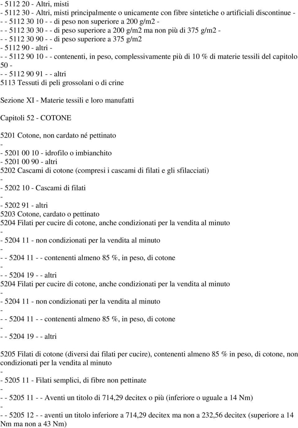 Tessuti di peli grossolani o di crine Sezione XI Materie tessili e loro manufatti Capitoli 52 COTONE 5201 Cotone, non cardato né pettinato 5201 00 10 idrofilo o imbianchito 5201 00 90 altri 5202