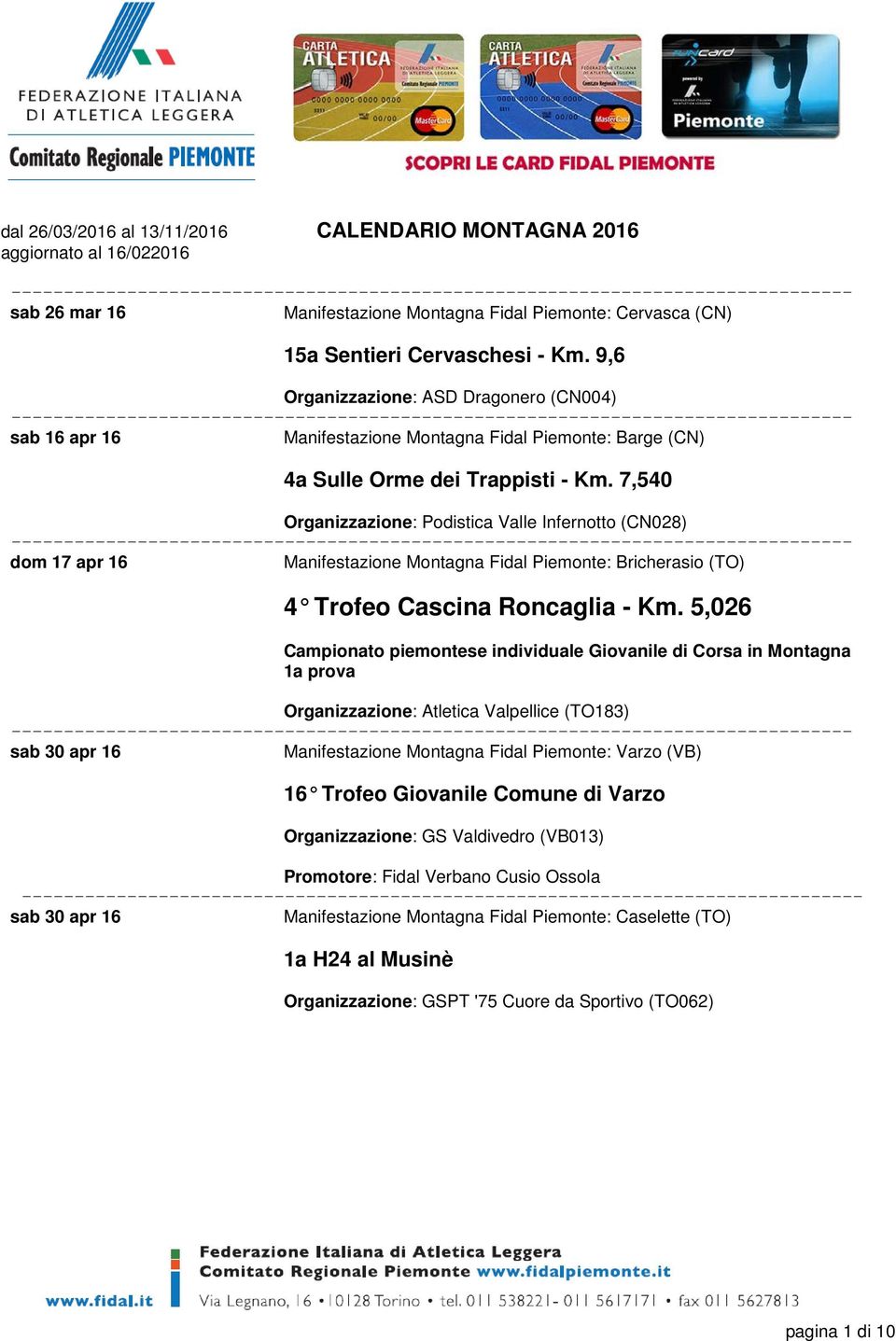 7,540 Organizzazione: Podistica Valle Infernotto (CN028) dom 17 apr 16 Manifestazione Montagna Fidal Piemonte: Bricherasio (TO) 4 Trofeo Cascina Roncaglia - Km.