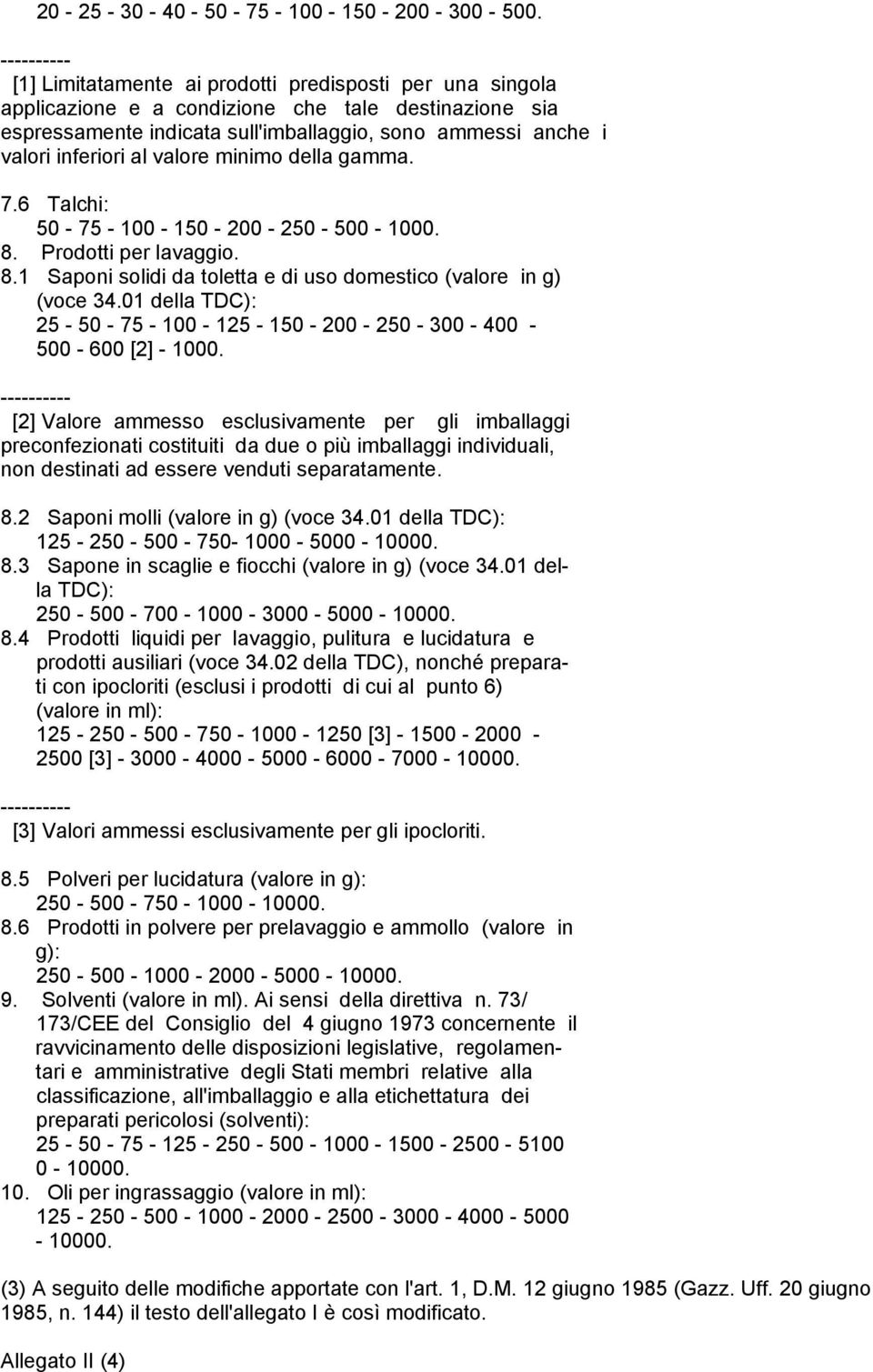 valore minimo della gamma. 7.6 Talchi: 50-75 - 100-150 - 200-250 - 500-1000. 8. Prodotti per lavaggio. 8.1 Saponi solidi da toletta e di uso domestico (valore in g) (voce 34.