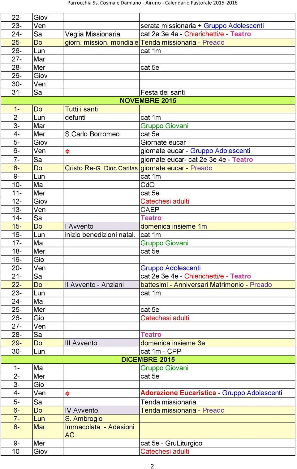 mondiale Tenda missionaria - Preado 26- Lun cat 1m 27- Mar 28- Mer cat 5e 29- Giov 30- Ven 31- Sa Festa dei santi NOVEMBRE 2015 1- Do Tutti i santi 2- Lun defunti cat 1m 3- Mar Gruppo Giovani 4- Mer