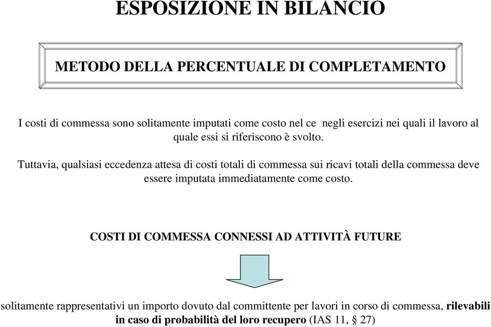 Tuttavia, qualsiasi eccedenza attesa di costi totali di commessa sui ricavi totali della commessa deve essere imputata immediatamente come