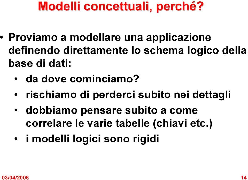 logico della base di dati: da dove cominciamo?