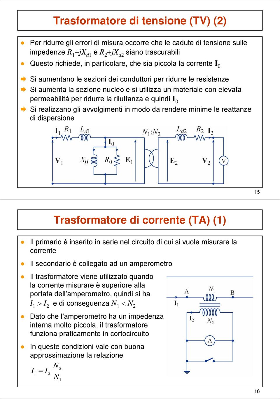 quindi 0 Si realizzano gli avvolgimenti in modo da rendere minime le reattanze di dispersione 5 Trasformatore di corrente (TA) () l primario è inserito in serie nel circuito di cui si vuole misurare