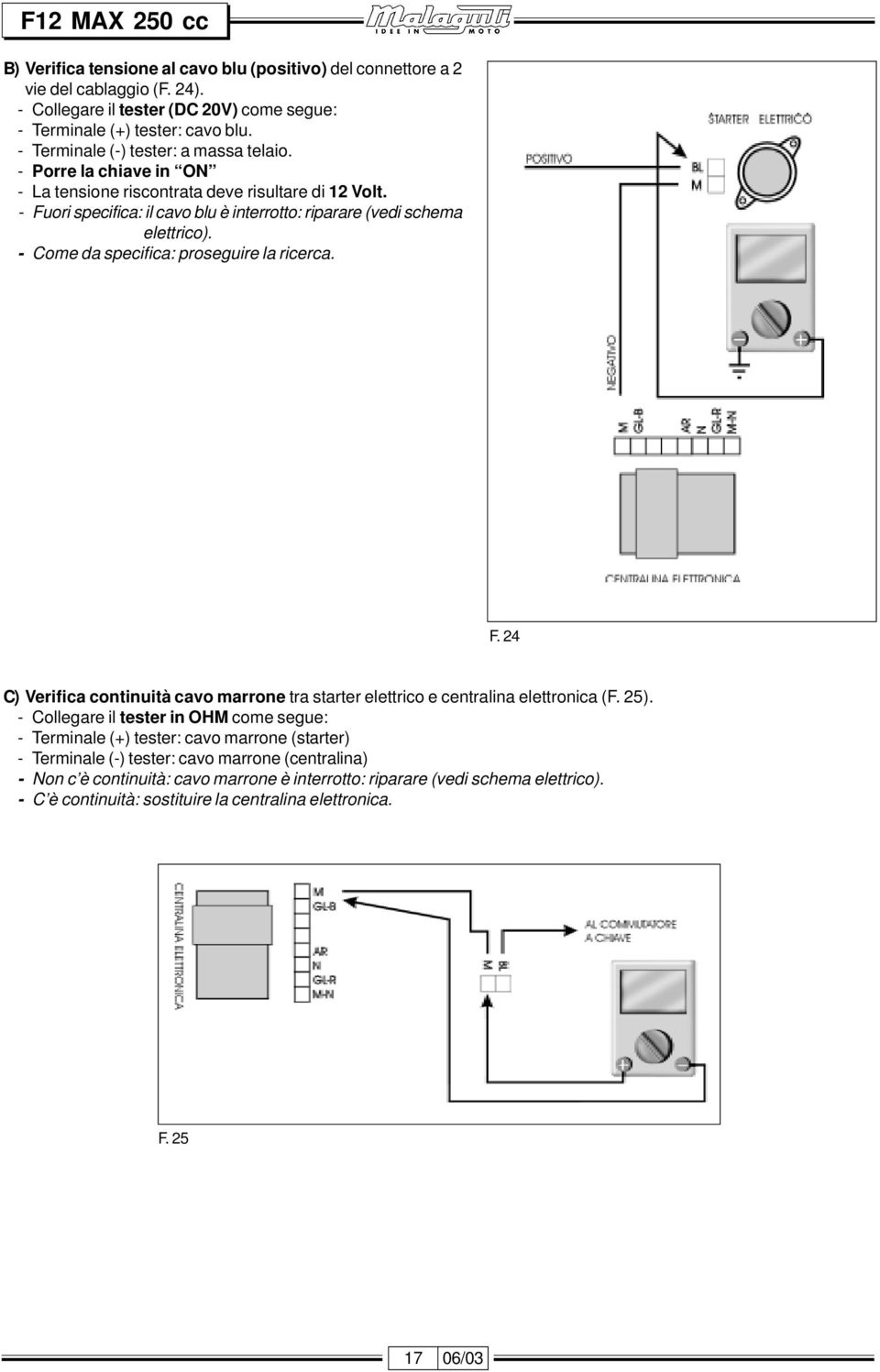 - Come da specifica: proseguire la ricerca. F. 24 C) Verifica continuità cavo marrone tra starter elettrico e centralina elettronica (F. 25).