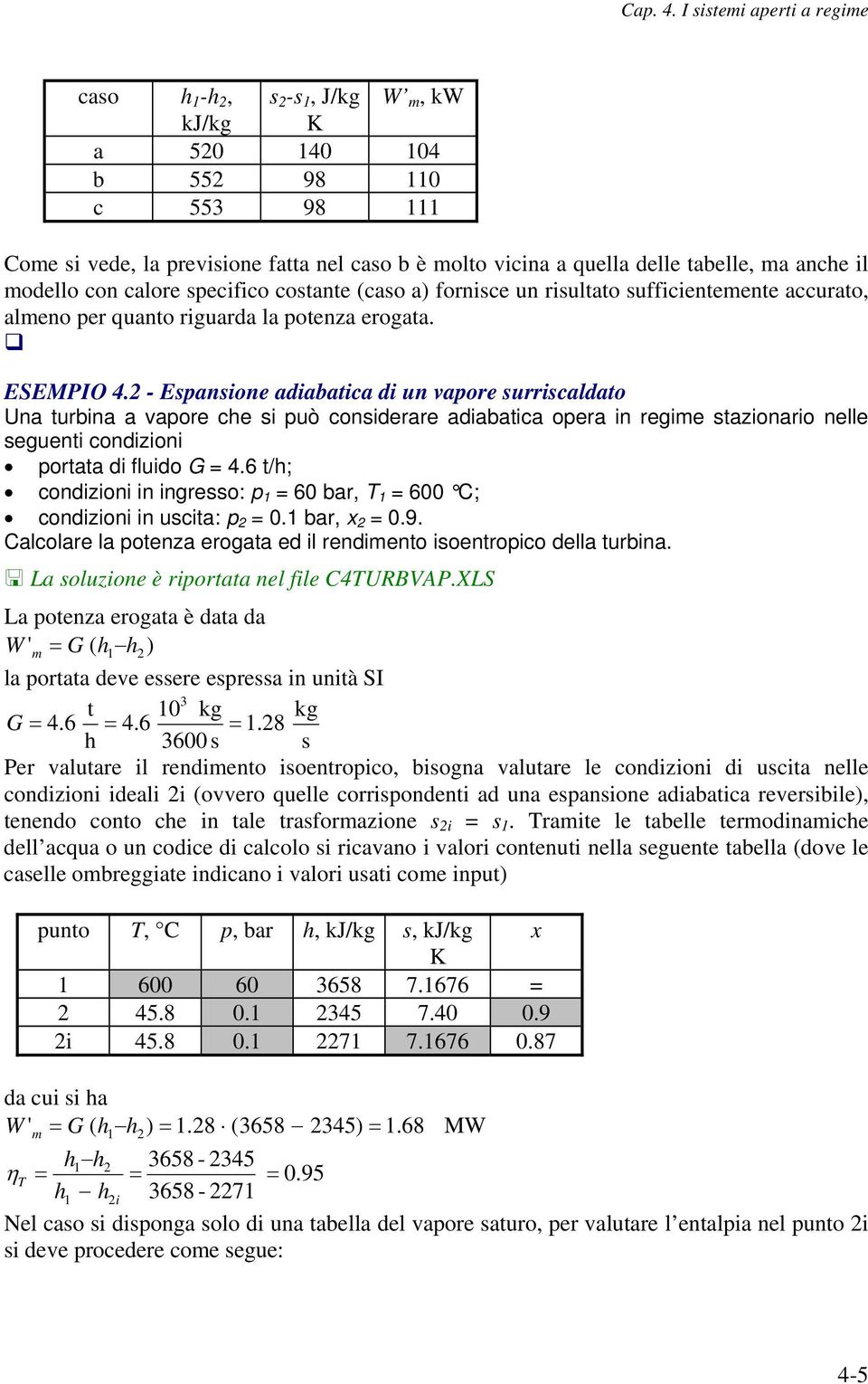 calore secifico costante (caso a) fornisce un risultato sufficientemente accurato, almeno er quanto riguarda la otenza erogata. ESEMPIO 4.