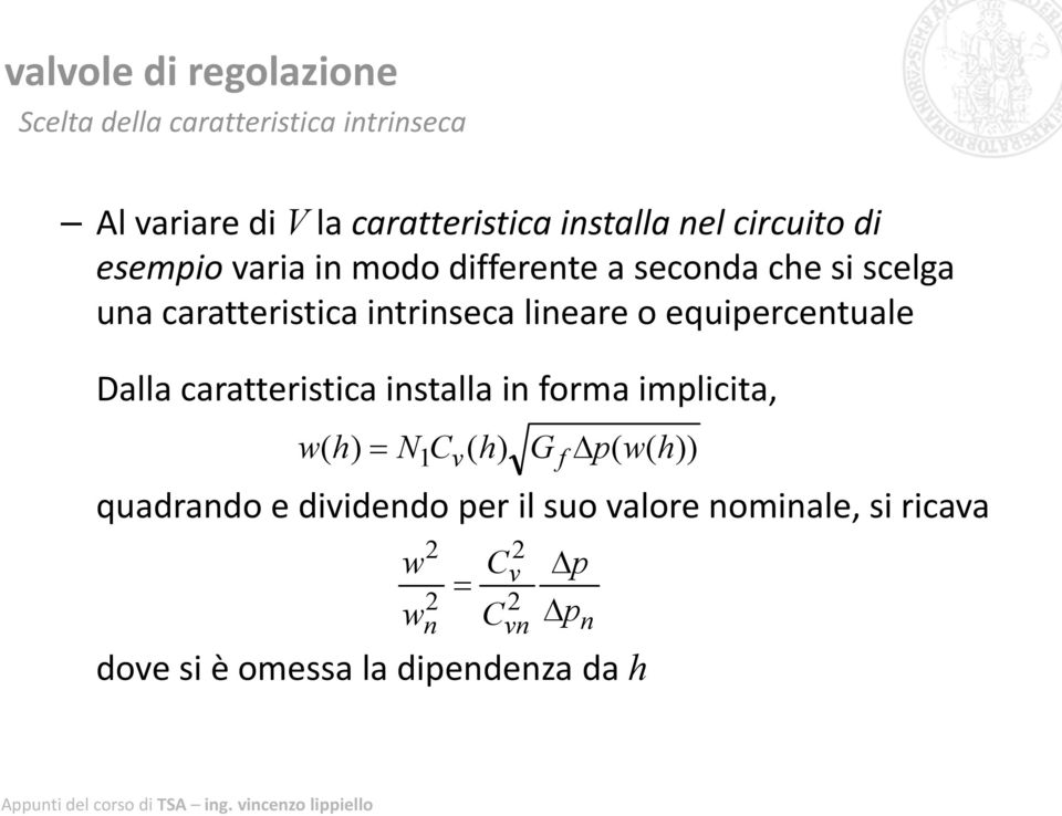 Dalla caratteristica installa in forma implicita, w( h) = N1C ( h) G Δp( w( h)) v quadrando e dividendo