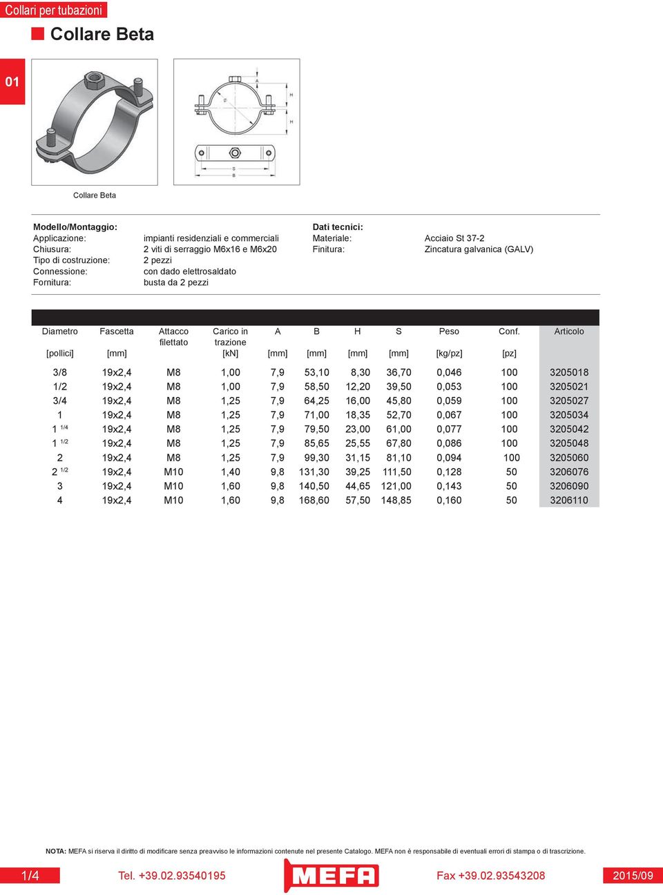 Articolo fi lettato trazione [pollici] [mm] [kn] [mm] [mm] [mm] [mm] [kg/pz] [pz] 3/8 19x2,4 M8 1,00 7,9 53,10 8,30 36,70 0,046 100 32058 1/2 19x2,4 M8 1,00 7,9 58,50 12,20 39,50 0,053 100 3205021