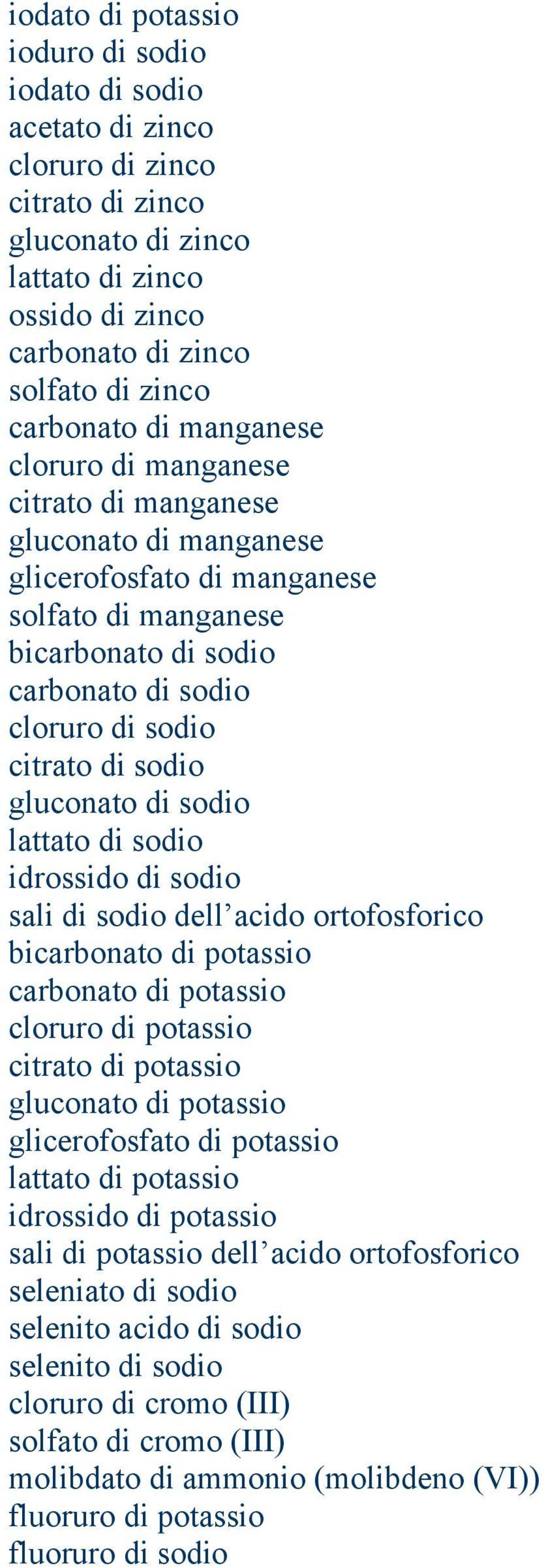 sodio gluconato di sodio lattato di sodio idrossido di sodio sali di sodio dell acido ortofosforico bicarbonato di potassio carbonato di potassio cloruro di potassio citrato di potassio gluconato di